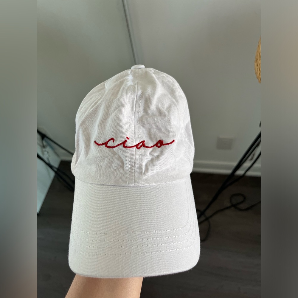 White Cap with Red 'Ciao' Embroidery